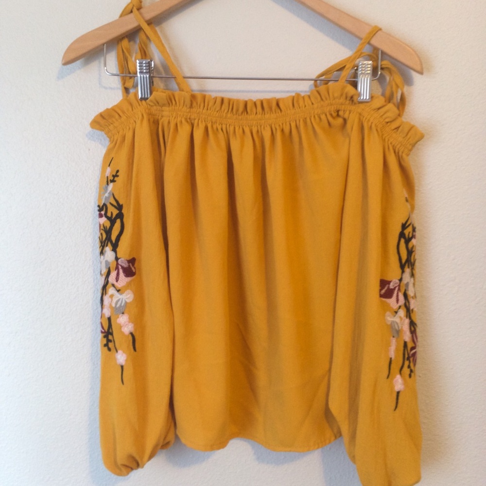 Cute Mustard Yellow Embroidered Off Shoulder Top !